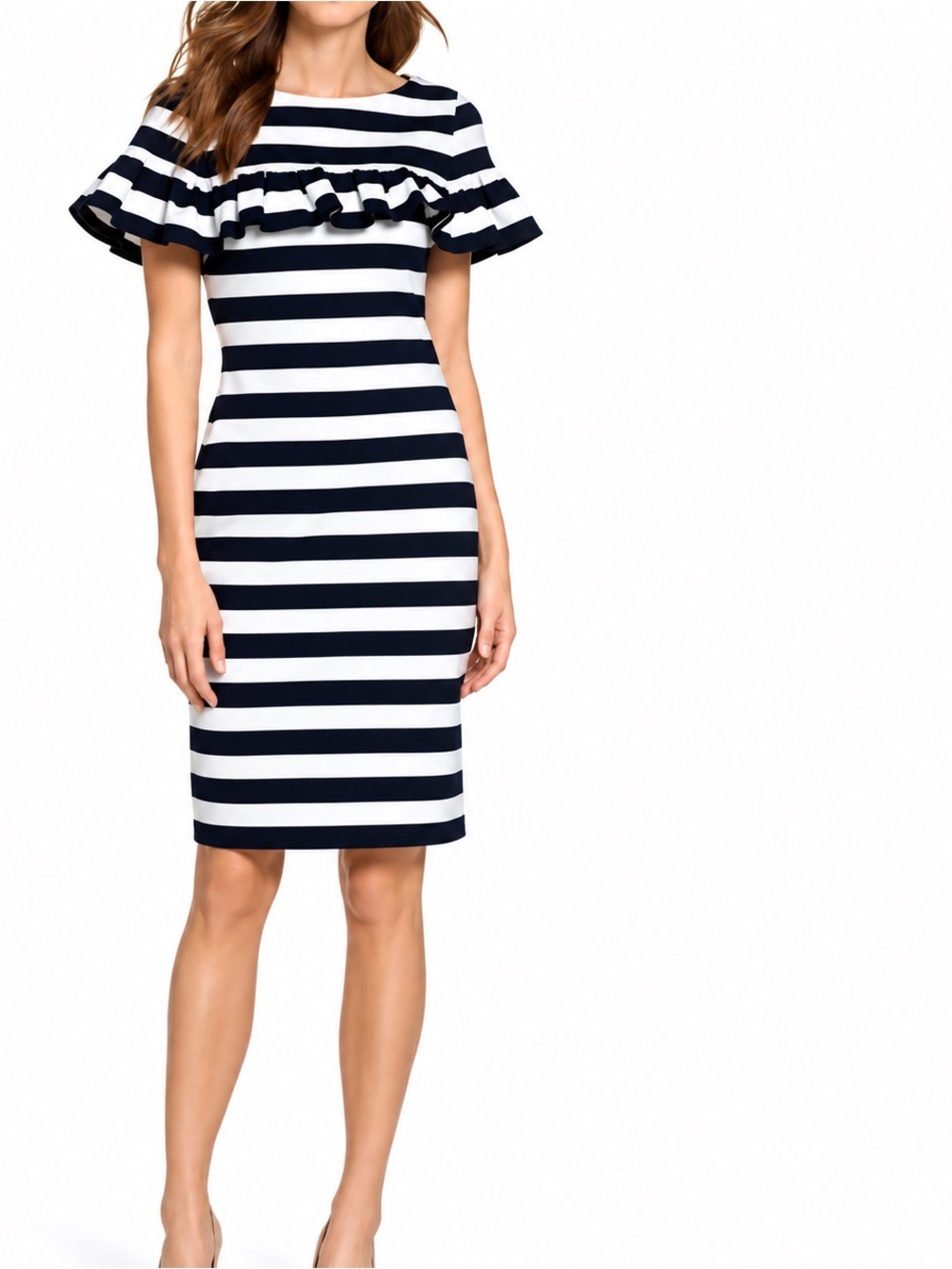 NWT Eliza J Navy and White Striped
Ruffle Sheath Dress Size 8
